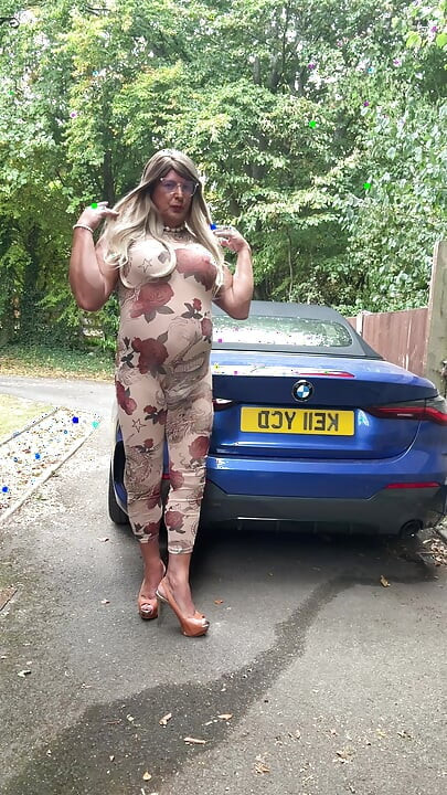 Sexy Crossdresser kellycd2022 in sexy floral see thru catsuit and heels