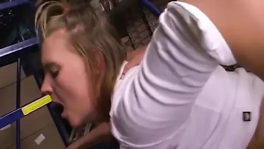 Blonde Gives Blowjob and Gets Fucked Hard on Ladder in Adult