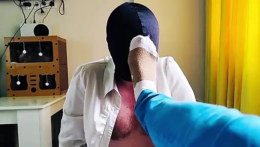 A slave gives me a foot massage in socks and sniffs my firm legs. Sock fetish, foot worship. POV.