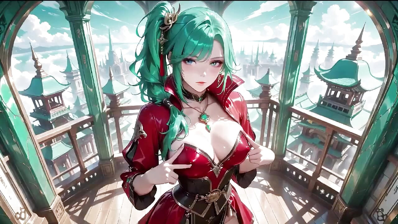 The Red-clad Blade's Private Tease! Green-haired Warrior in a Black-red Battle Robe, Commanding yet Shy on the Floating Terrace.