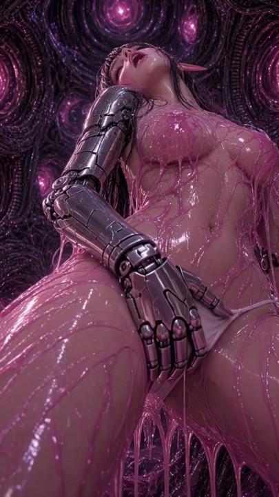3d anime elf masturbates in pink slime, half cyborg arm | Clip 1