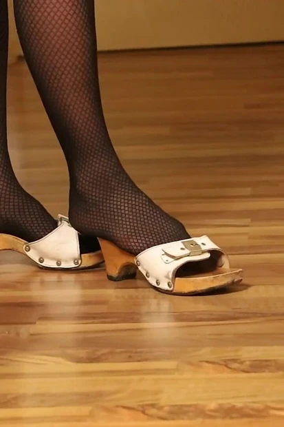 Retro Dangling in Patterned Nylons & Classic Wooden Mules