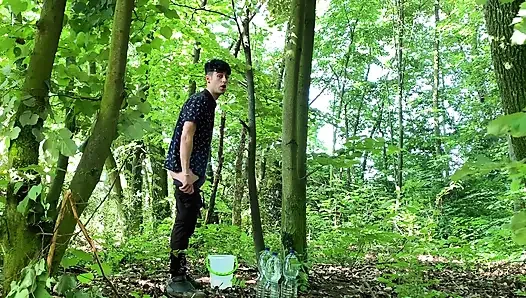 Balls Stretching Outdoor with Bucket Filled with Water and Jerk off