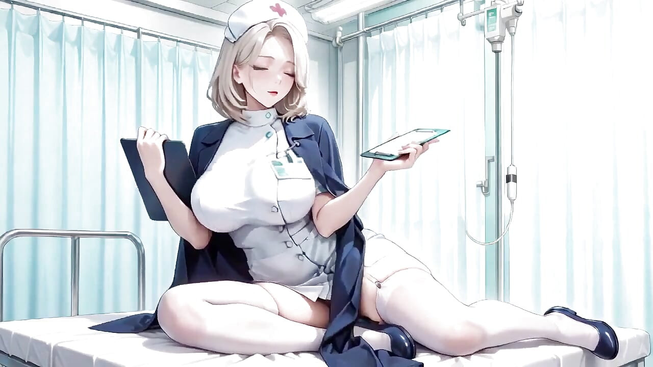 Monja rubia enfermera Perezosa arrodillado en la cama del hospital, arrodillando su pecho suave con una mirada brumosa