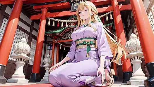 Blonde in Lavender! Kneeling barefoot under the red Torii gate, her andouf fluttering in the breeze.