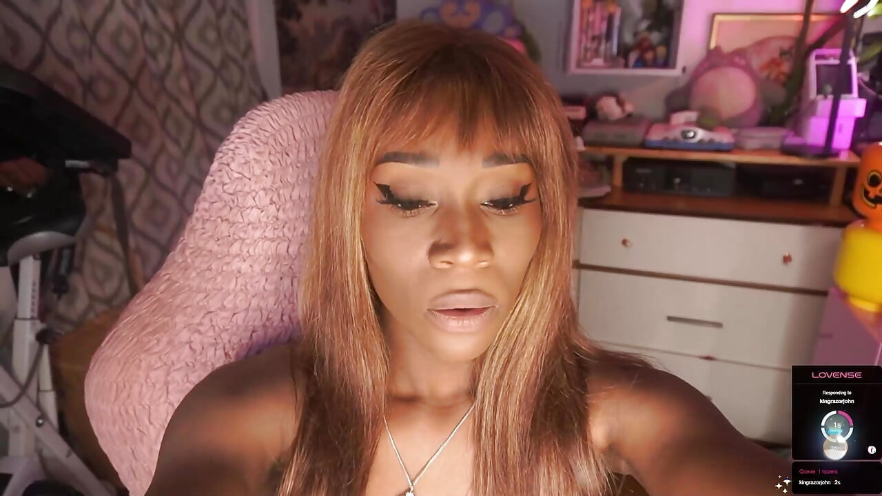 ebony trans girl Vanniall edges for two hours in a tiny blue bikini - ending in a HUGE self facial! full webcam show