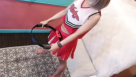 A cute, busty married woman performs exercise 4 in an erotic cheerleader costume. Peeking down from above. Home made amateur Private Shoot