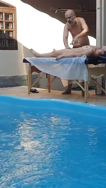 Must-see moment from "Massage in the pool. The therapist couldn't hold back and made her cum in his mouth."
