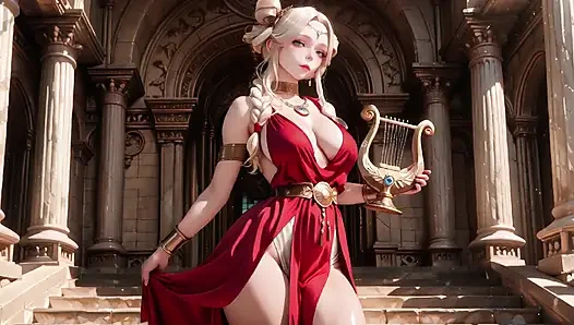 Blonde Goddess in Red! Forbidden Gaze in the Ancient Corridor, Deep V & High Slit teasing you.