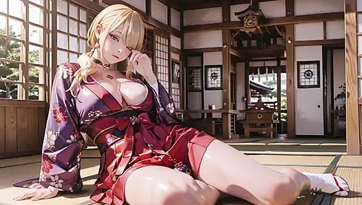 Dewi pirang di koridor Jepang, tatapan malas, tangan di pinggul, sinar matahari membasahi kulitnya