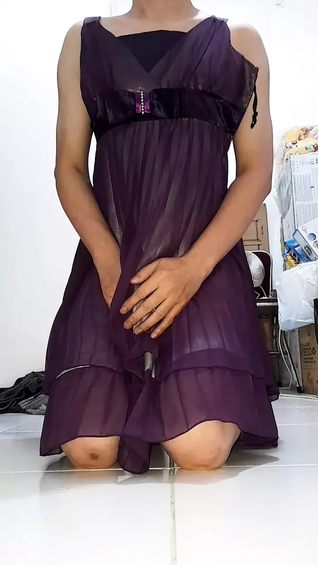 Asian crossdresser satin chiffon dress cum pleasure