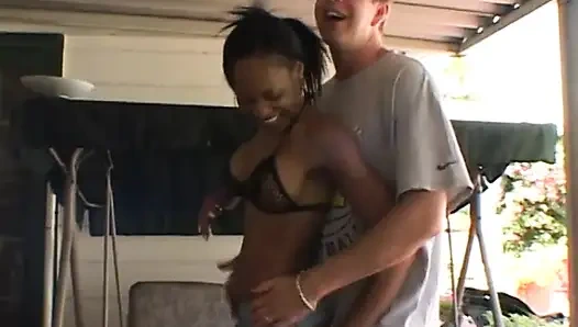 White boy bends black slut over and drills her from the rear