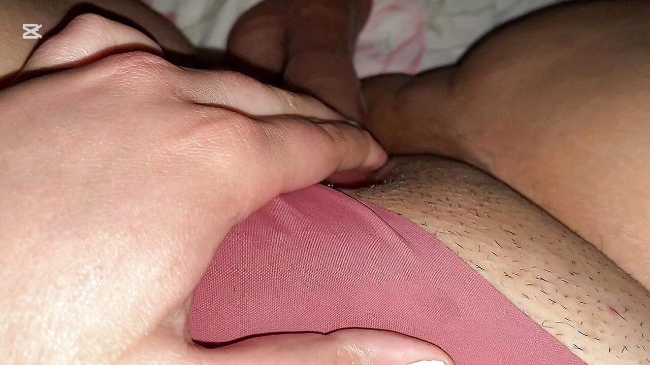Wet clitoris rubbed with my dildo and pink thong cumshot POV