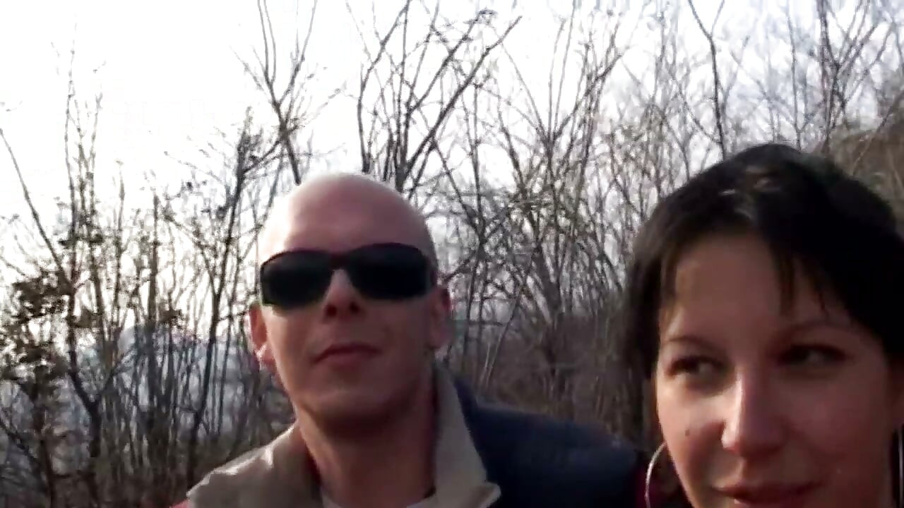 Big tits brunette banged in threesome outdoor
