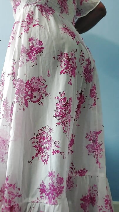 I'm dancing while masterbating in my Pink flowers Silk Seethrough Chiffon Frock