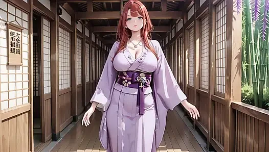 Red-haired Kimono Goddess! Kneeling Under the Sacred Torii Gate, She Adjusts Her Soaked Backless Outfit with a Shy Gaze.