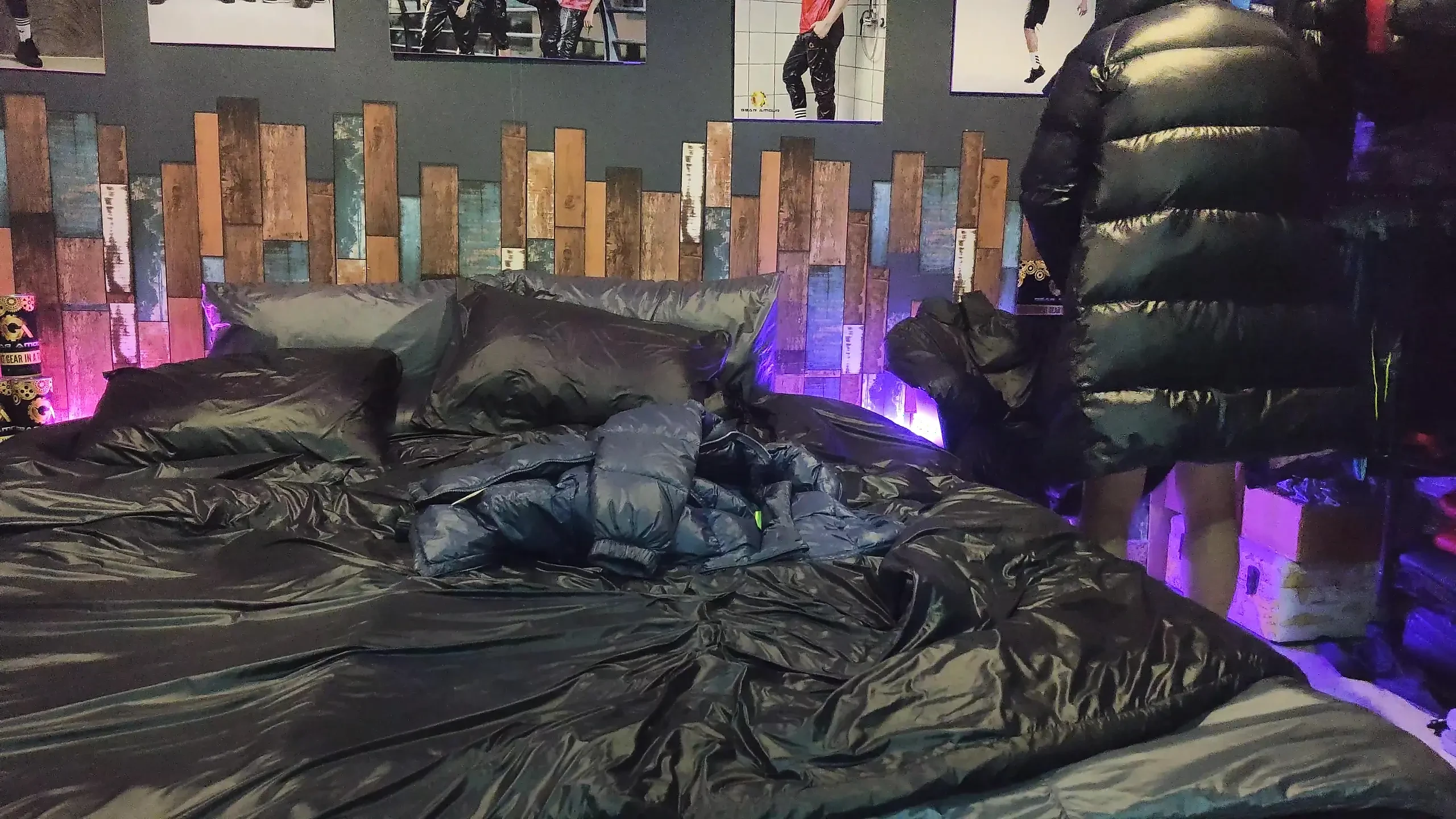 Cock Rubbing Down Jacket on Shiny Nylon Bed