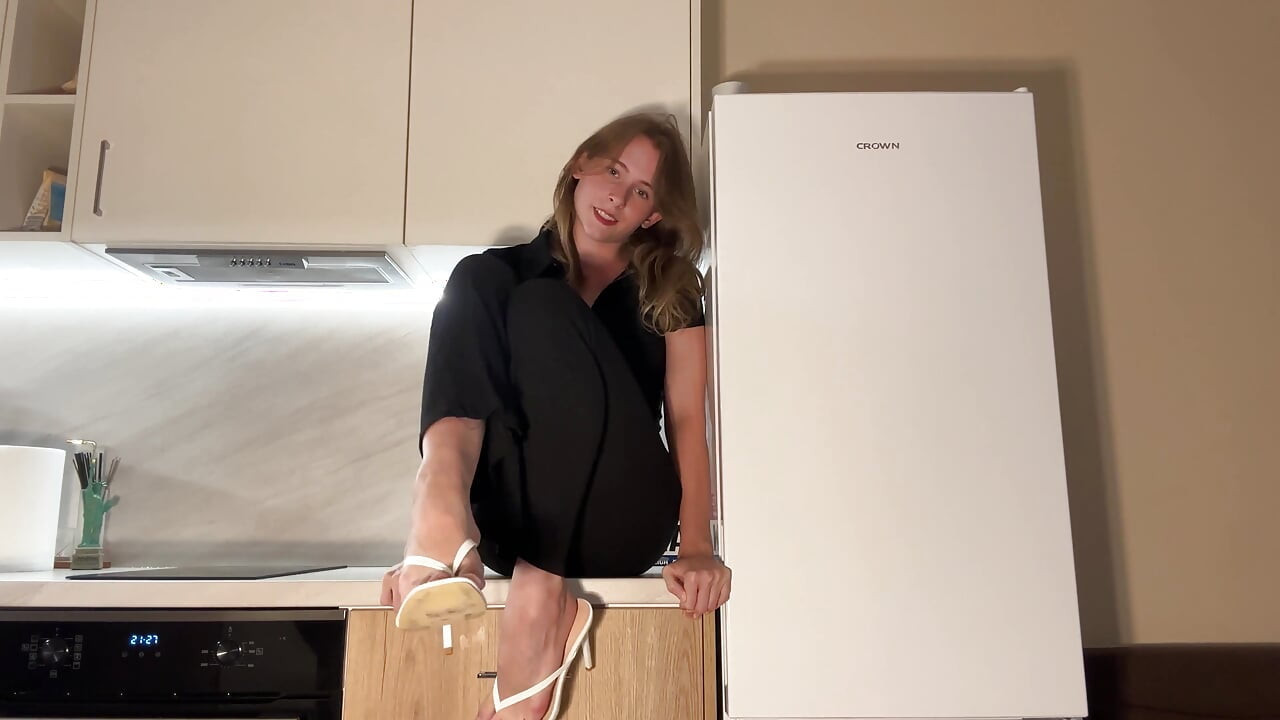 Office Suit Pixie Kitchen Tease - White Heels & Table Finger Bliss