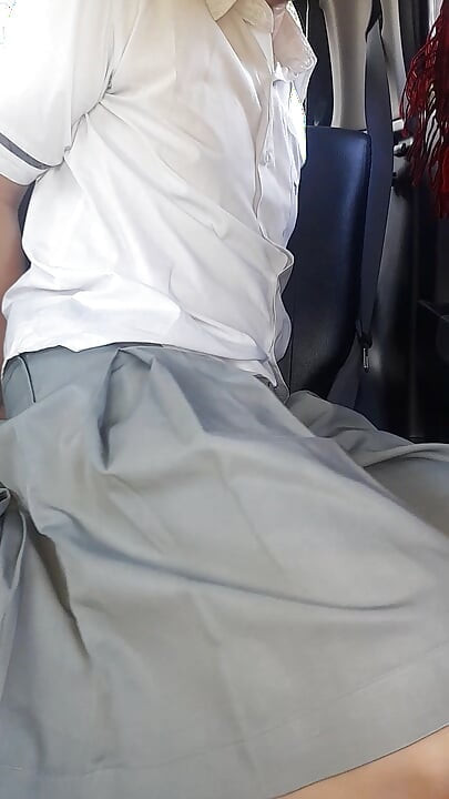 Asian Crossdresser Cum Wearing Grey School Girl Uniform