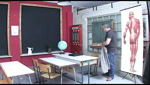 Horny busty blonde fucks at college with the student and the teacher