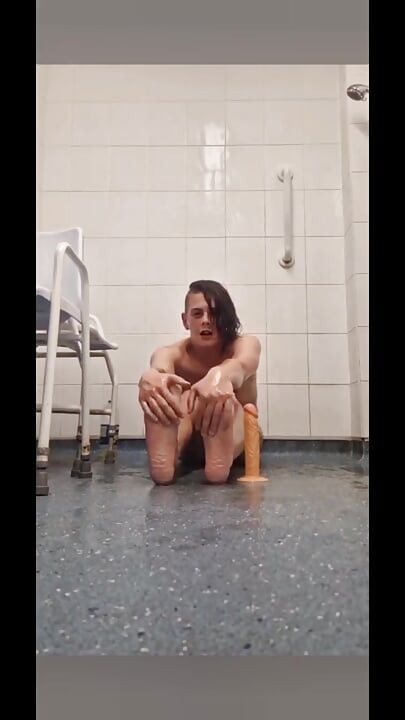 1hr real homemade amateur solo British teen risky public bathroom and shower room oiled up extreme brutal dildo anal fuck