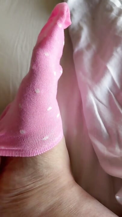 Showing off and Jerking Off into my new pink polka dot socks