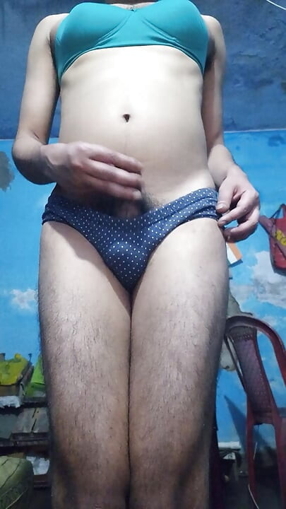 Indian Sissy Femboy Crossdresser with Phimosis Dick Jerking and Stroking While Wearing His Step Sister's Bra and Panties