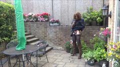 Peeing in chastity, plugged, wearing leopard print boots