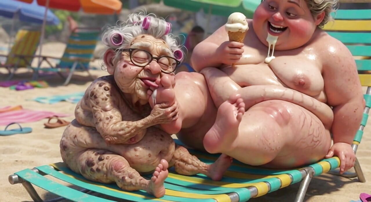 Elderly Granny Passionately Sucking BBW Feet on the Beach