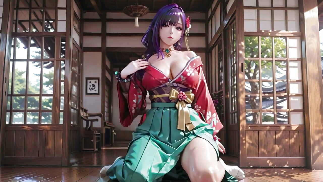 Garota de Cabelo Roxo de Quimono na Manhã Privada! O choque entre vermelho e verde é insano.