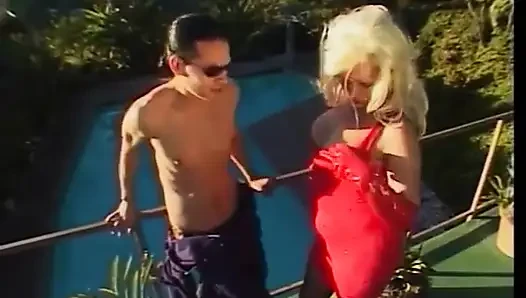 Blonde shemale gets bent over and fucked in the ass