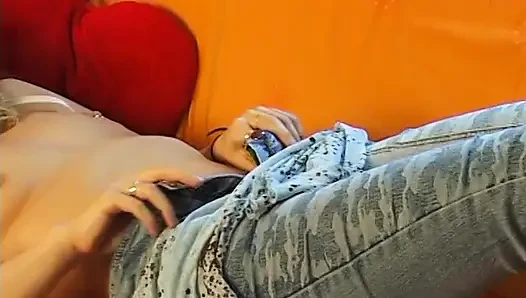 Lovely blonde with pierced tits rubs her pussy at the casting