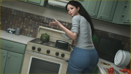 Ibu tiri Jepang pamer belahan dada saat dia lagi masak di dapur