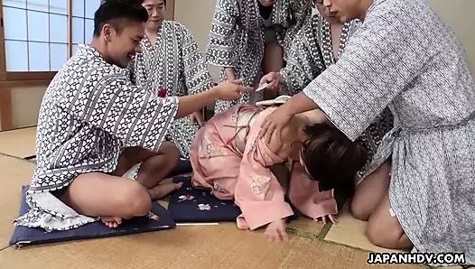 Japanese Hikaru Kirishima in kimono had group sex uncensored.