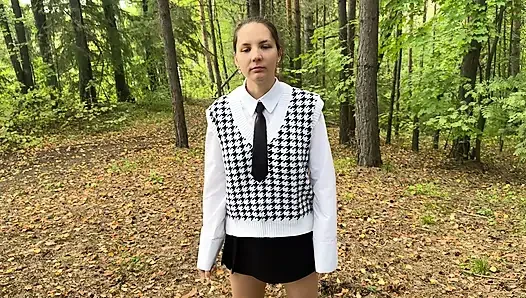 What does the sweet young student do in the forest after studying? She sucks cock and gets anal creampie.