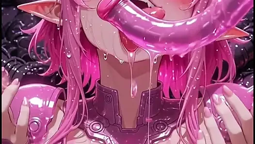Peri gadis anime pink dengan setelan tempur merah muda, diusap pakai selang