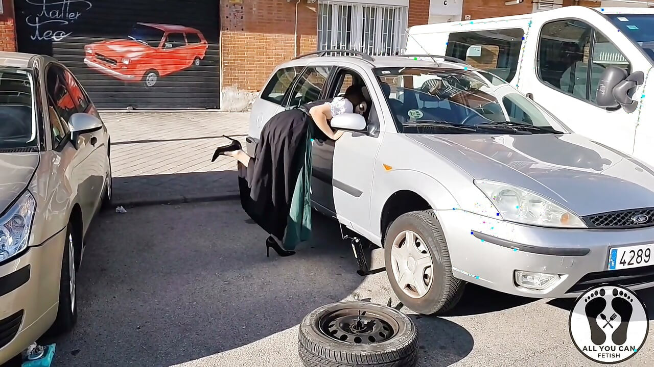 Dirndl Slut Gets Dirty and Oily Changing Tires