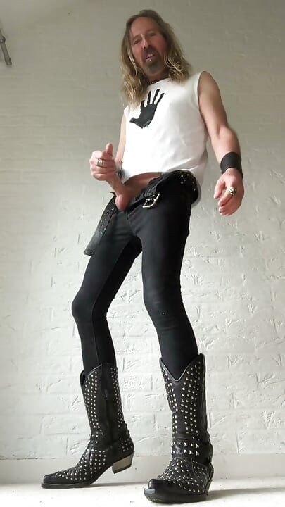 Longhairdude in Skinny Black Jeans, Black Hand T-shirt, New Rock Cowboy Boots Wanks and Cums