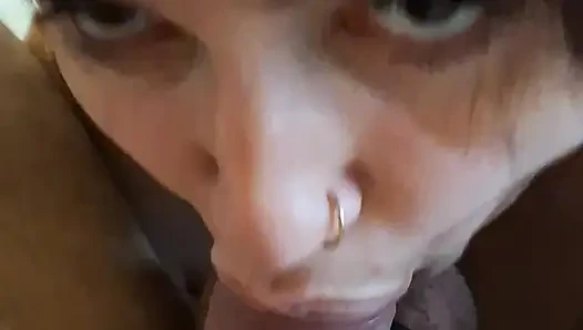 She  looks at me straight in the eyes while sucking my big cock balls deep in a POV close-up