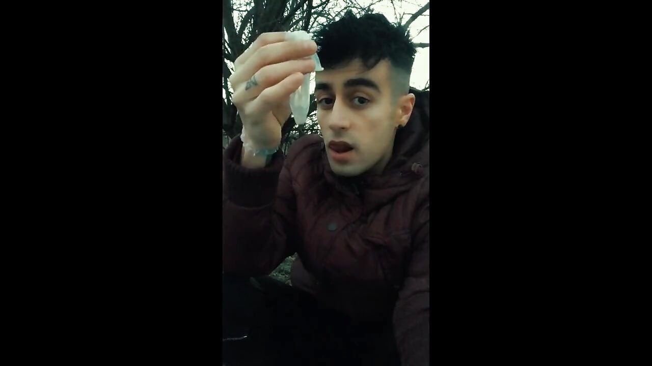 Licking Used Cum Filled Condom Outdoor