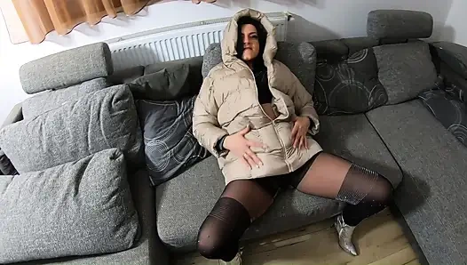 Ripped Pantyhose Slut in Puffy Downjacket. Blowjob, Doggy and Double Cum on My Coats