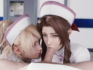 Медсестра Luna и Aerith сосет большой хуй, версия 2