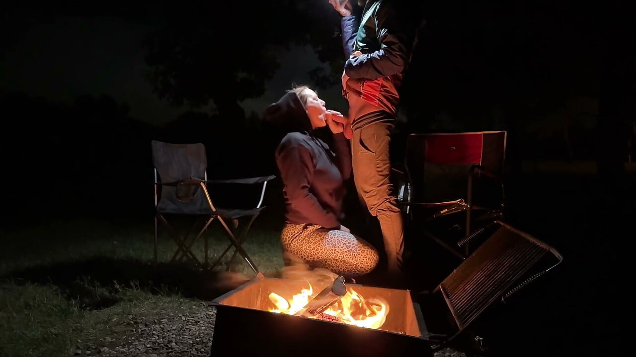 Wife caught masturbating in public restroom, then fucked by the campfire