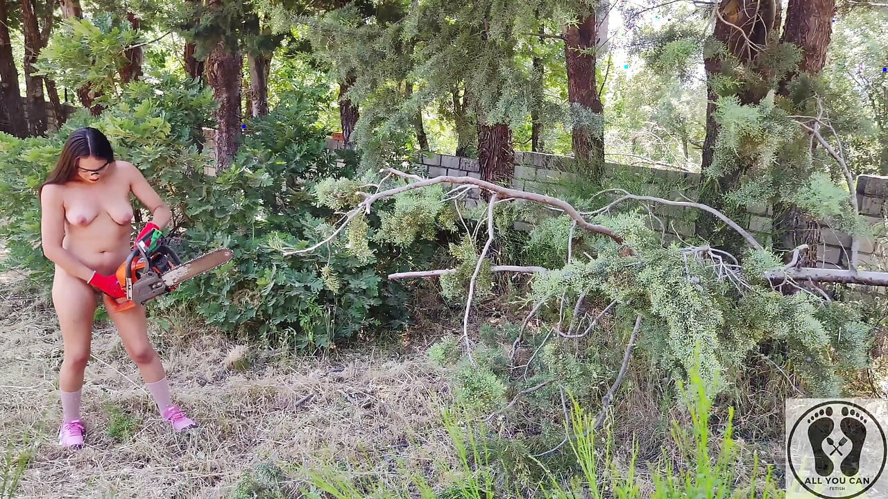 Gasoline Chainsw Naked Girl Cutting Branches