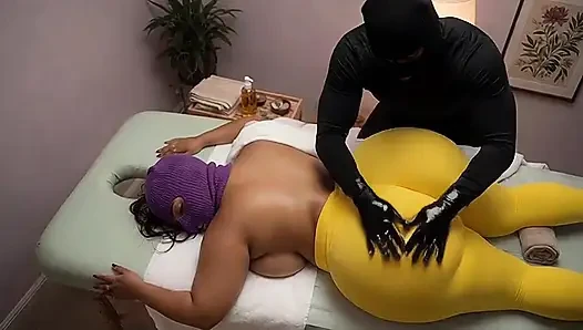 Masked BBW Perverted Oil Massage - Yellow Leggings to Tiny Yellow Thong