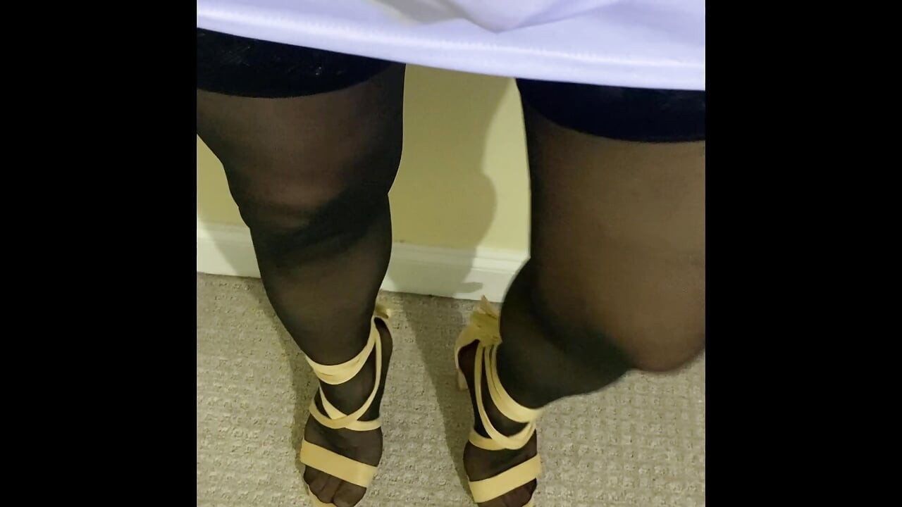 Mom Crossdresser Madison dressing in sexy outfits with thigh high hose stockings and heels and walks around showing off teasing