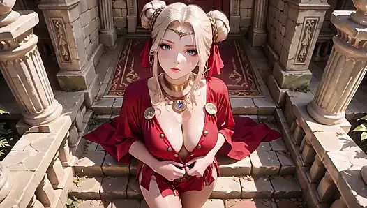 Blonde Goddess in Red! Forbidden Gaze in the Ancient Corridor, Deep V & High Slit teasing you.