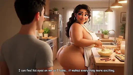 Curvy Latina bakes naked under tiny apron while her young stepson watches every move (AI generated)