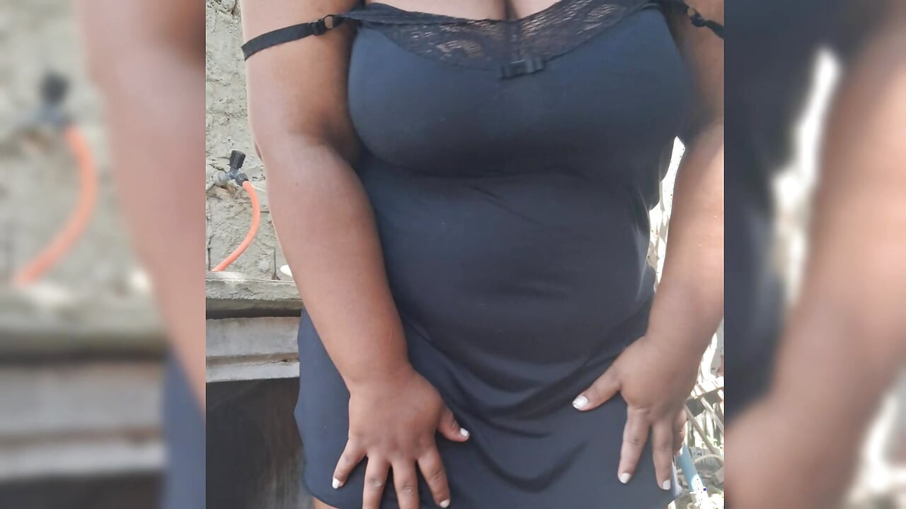 Hot neighbor prepares lunch in the backyard, and shows her pussy outdoors