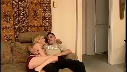 Blonde babe and two bi guys suck and fuck on sofa